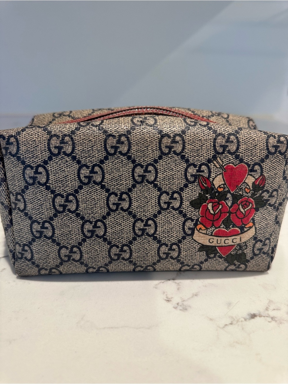 Gucci Beige/Navy Monogram Pouch with Red Rose Heart Graphic